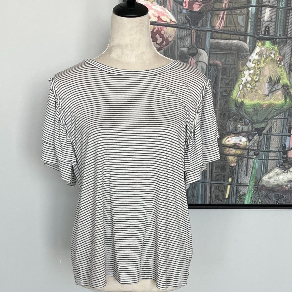 Green Envelope White w/Black Stripe Ruffle Sleeve Top L